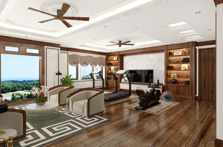 Thiết kế nội thất biệt thự Vinhomes Vũ Yên có bố cục nội thất hài hòa phối hợp cùng cây xanh
